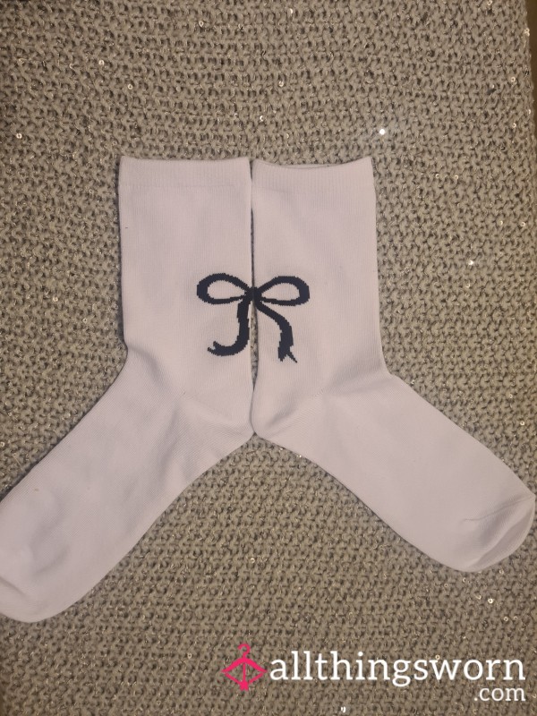 Cute White Black Bow Socks New Ready To Get Filthy Dirty For Your Pleasure.