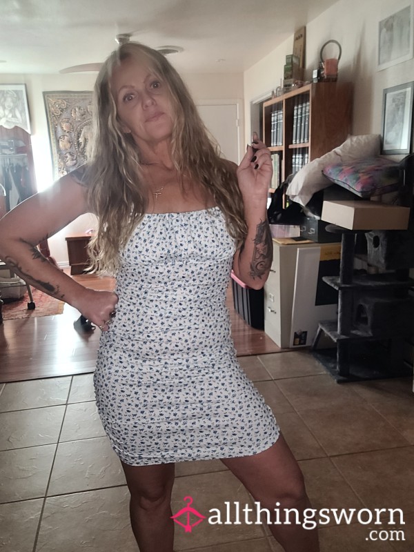 Cute White Mini Dress With Blue Flowers Stretchy S