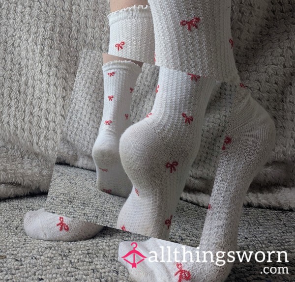 Cute White Socks With Red Bows/ Extra Long Wears Available/ Gym Sessions/ Naughty Extras 😉