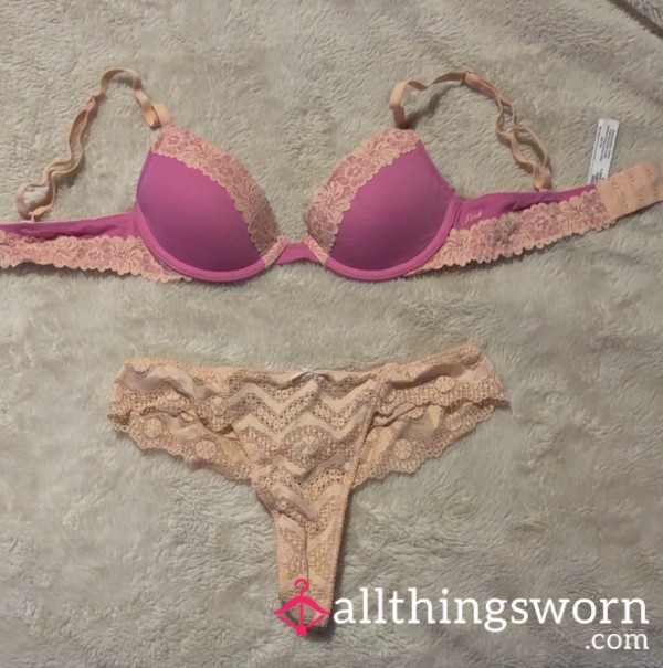 Cute Worn Pink And Peach Lace Set,