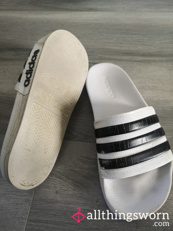 Daily Barfoot Worn Adidas White Sliders 10 🤢