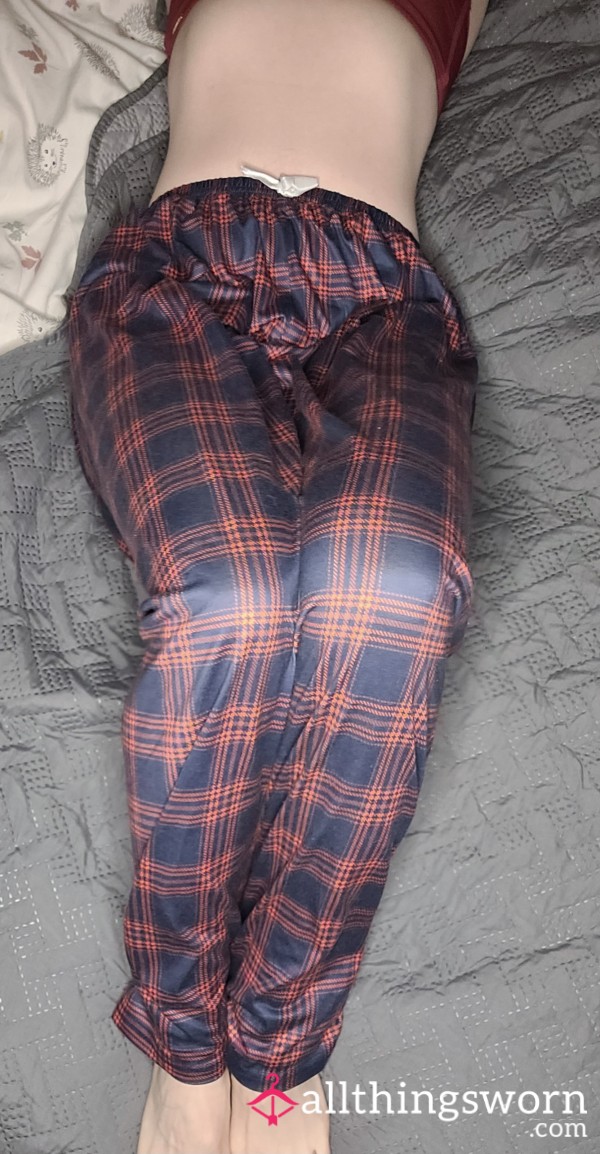 Dark Blue And Red Tartan Silk Pyjama Trousers - Size Medium - C*ms With 2 Nights Sleep And POW