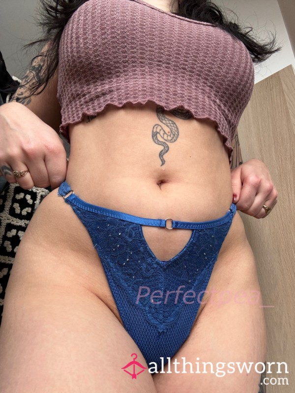Dark Blue Cut Out Lace Thong