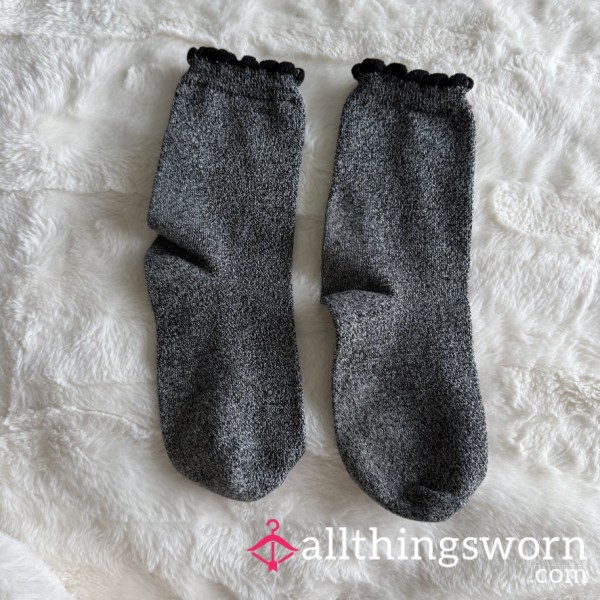 Dark Gray Ruffle-Top Crew Socks