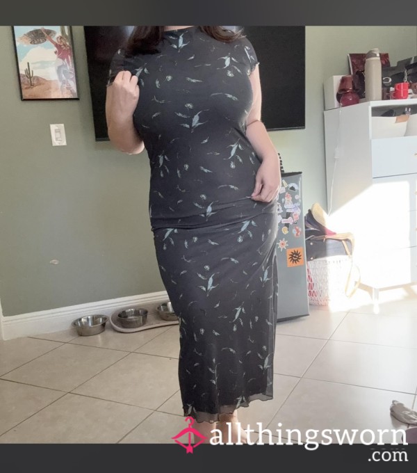 Dark Gray Slit Dress With Feather Print