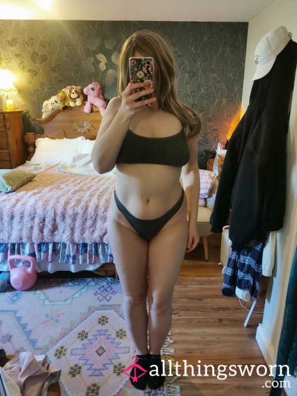 Dark Grey Cotton Sports Bra And Thong Set