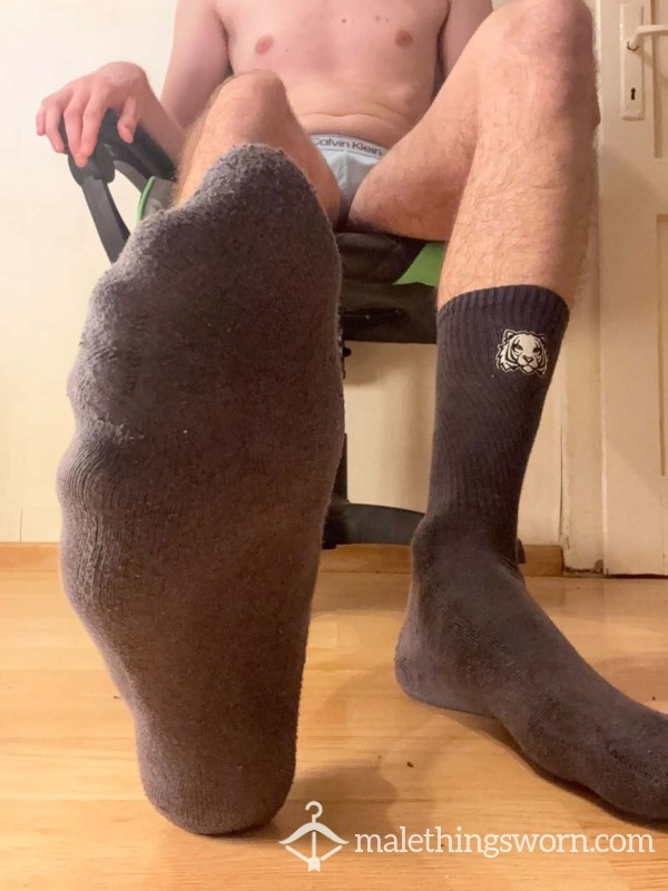 🧦 Dark Grey "Tiger Head" Crew Socks – Well-Worn, Sweaty & Heavily Seasoned 🔥