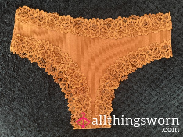 Dark Orange Cotton Ribbed Panties Lace Trim