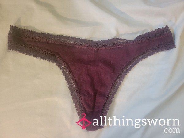 Dark Purple Cotton & Lace-trimmed Thong - Victoria's Secret - Size Large