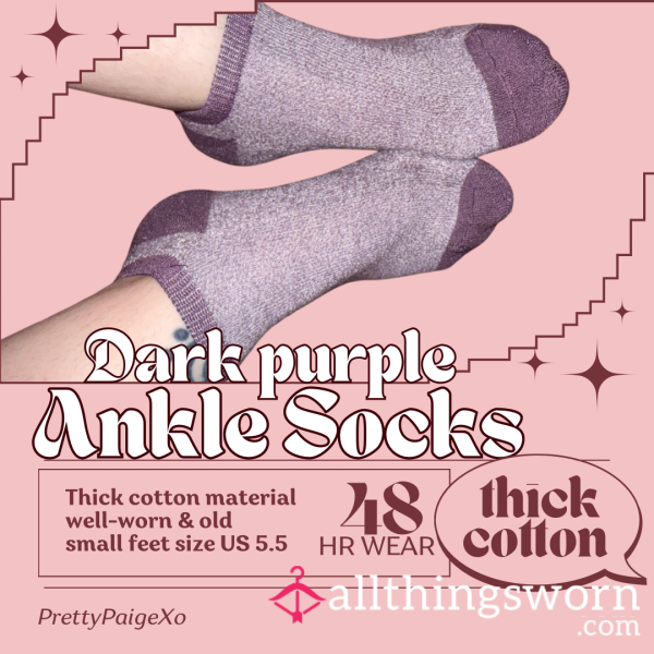 Dark Purple Thick Cotton 💜 Ankle Socks, Small US Size 5.5 Feet 👣 48hr Wear
