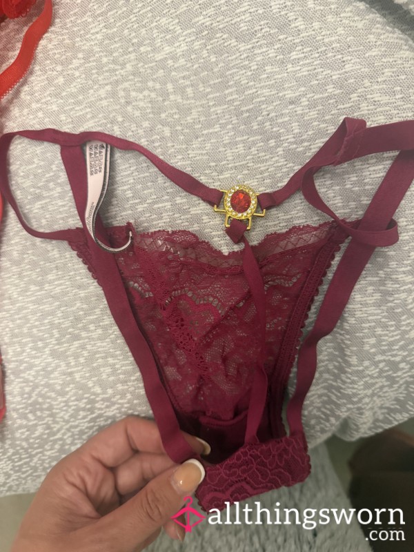 Dark Red Jewelled Lace Strap Thong