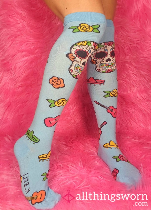 ☠️ Day Of The Dead Cinco De Mayo Sugar Skull Socks Mexican Sombrero Guitar Thigh High Knee High Blue Socks Asian Japanese Feet Fetish Foot Worship Gym Workout Fitness Model