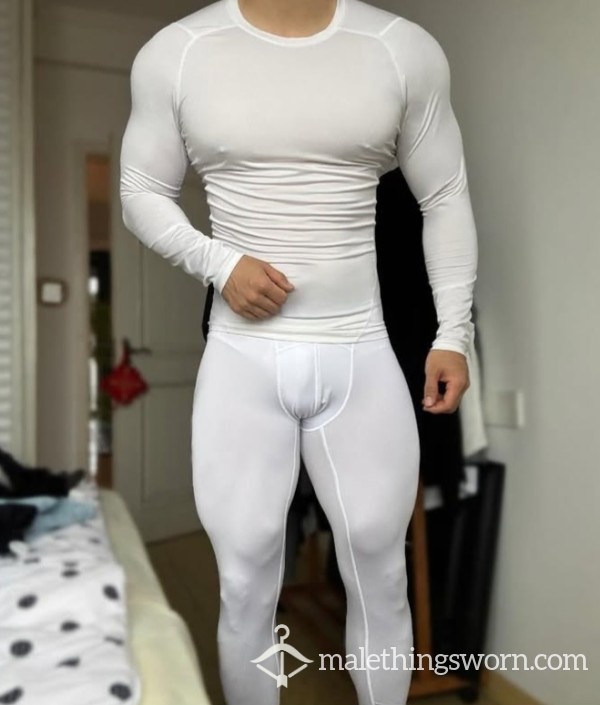 Day Worn White Compression Leggings & Long Sleeve Shirt – Sweat-Soaked & Intense