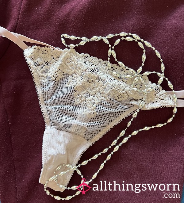 Delicate Lace Pink Thong With Proof Of Wear Pic