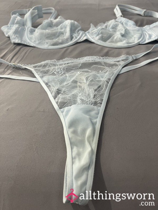 Diamanté Baby Blue Thong With Matching Bra