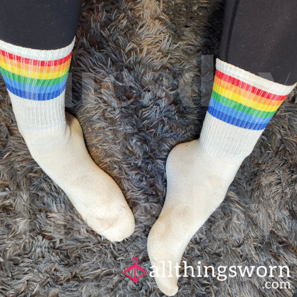 Dirty, 4 Days Worn: White W Rainbow Crew Socks