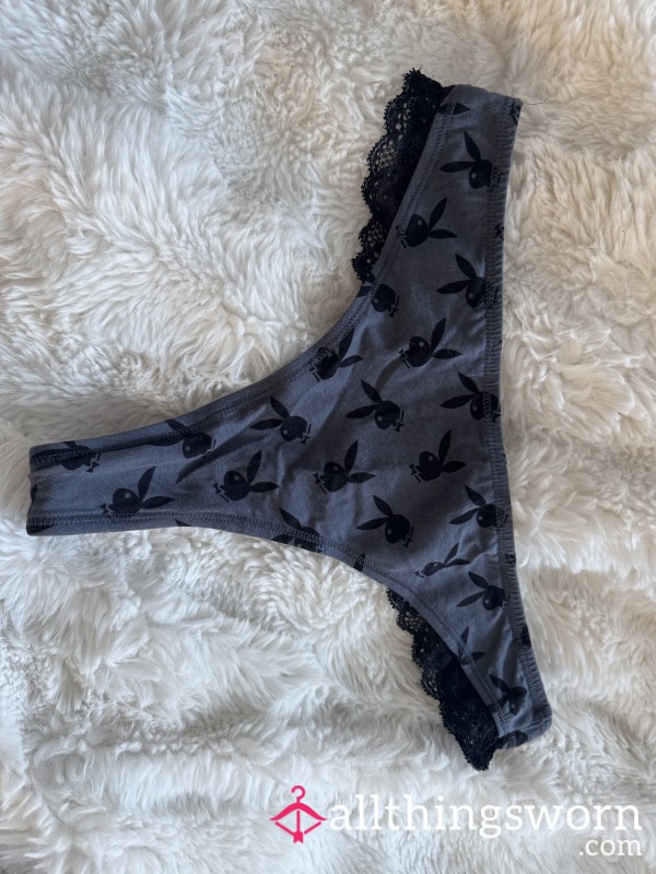 Dirty Grey And Black Playboy Thong