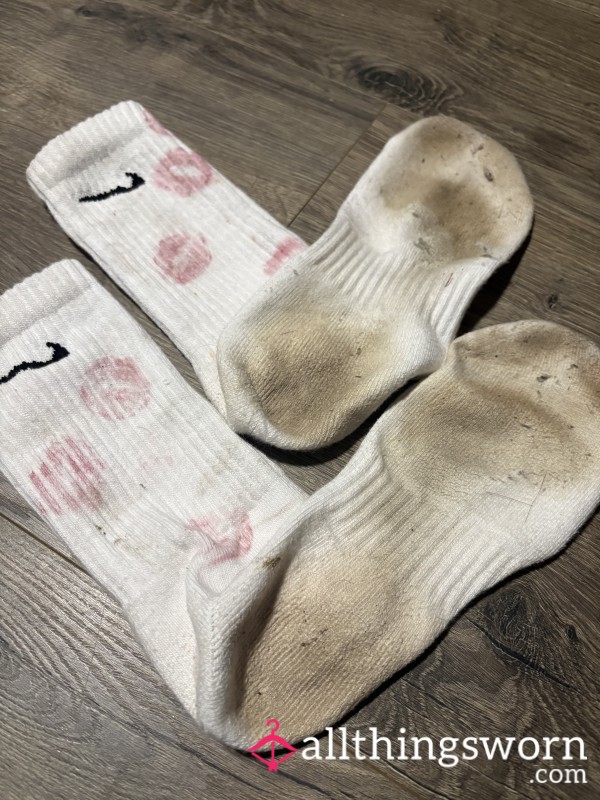 Dirty Nike Ankle Socks - Worn 2 Work Shifts + Gym, Heavy Sole Stains & Lipstick Kisses