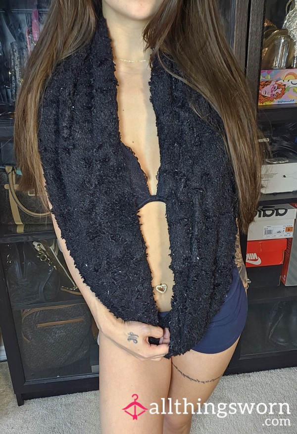 Dirty Old Well Worn Out Furry Black Scarf Soft Wrap Neck Scarf Heavily Used Signs Of Wear Asian Japanese Athletic Petite Small Fitness Model