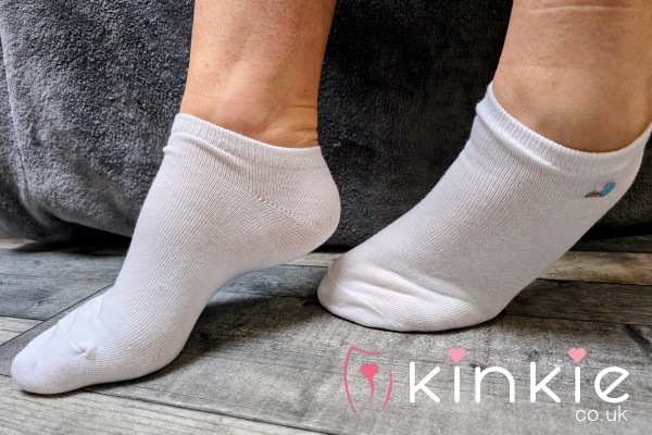 Dirty, Smelly, Well Worn Sweaty Cute White Ankle Socks With Motif ....48 Hour Wear
