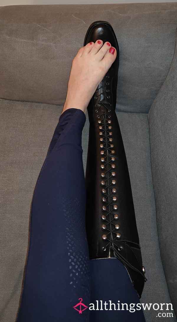 Dirty, Sweaty Feet After Work. Series Of Pics Of Feet In Riding Boots, Socks And Then Naked Feet