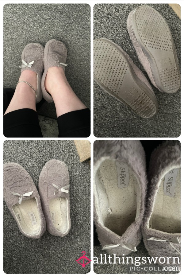Dirty, Well Worn , Old Grey Slippers