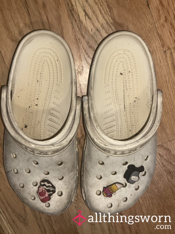 Dirty White Crocs – Size 8 – Worn & Used 😈
