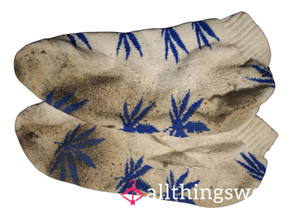 Dirty White Socks With Blue Weed Leaves