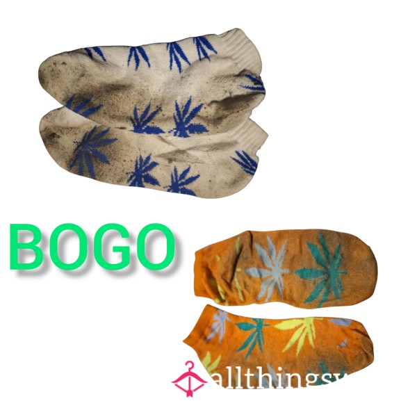 Dirty White Socks With Blue Weed Leaves