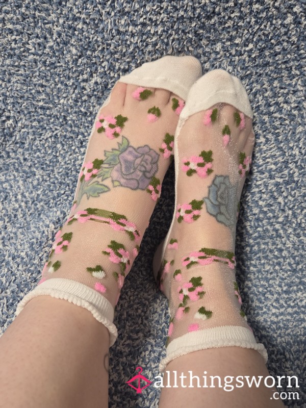 Dirty White Socks With Pink Flowers