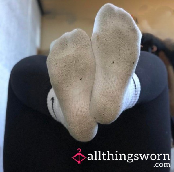 Dirty White Sports Socks Sweaty From Skye's Workout  - Gym Worn. Soaked Through.