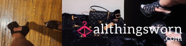 Domme's Delight: Strappy Black Heels & Quilted Black Used Purse For Power Play Perfection🌈☄️