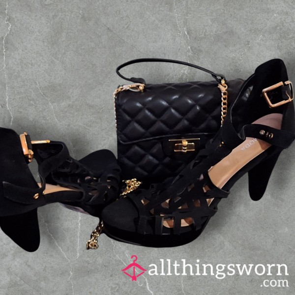 Domme's Delight: Strappy Black Heels & Quilted Black Used Purse For Power Play Perfection🌈☄️