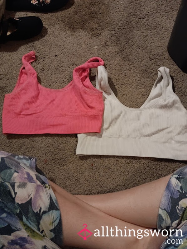 Double Trouble Ribbed Bralette Bundle – Worn Pink & White Tops, Soft & Clingy