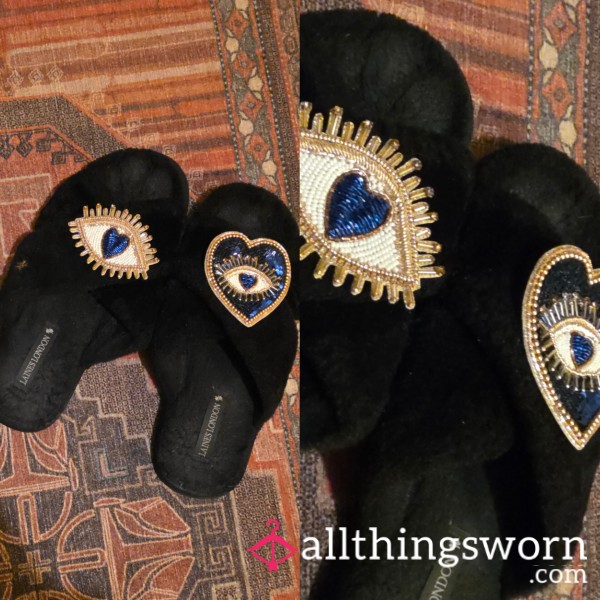 🖤⛓️ Drouxs Laines London Evil Eye Slippers With Detachable Motifs. Heavy Toe And Heel Prints - SCENTED - UK 9 - EU 43