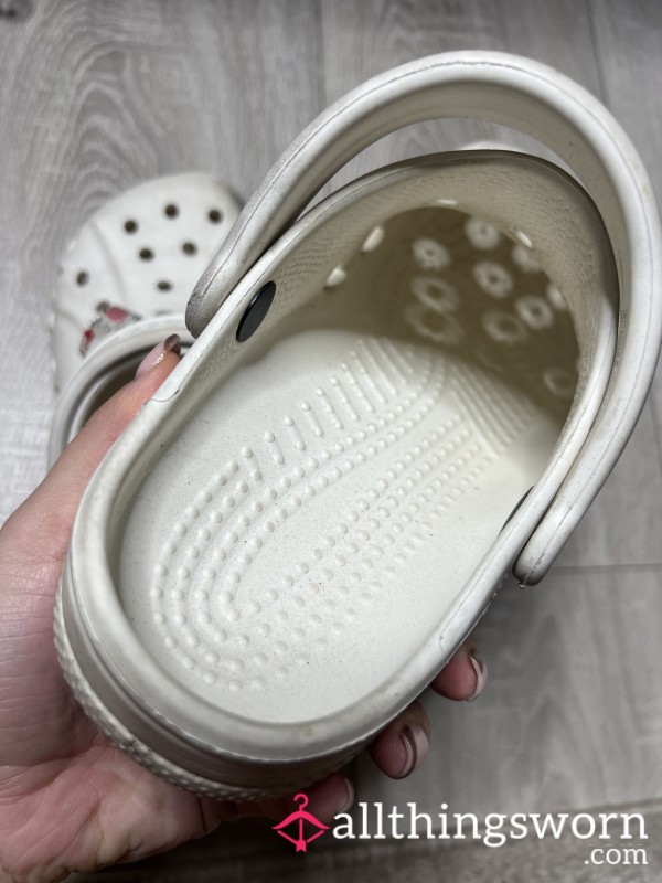 HEAVILY WORN 2-Yr White Crocs - Clinical Uniform & Travel | Deep Imprint & Scented