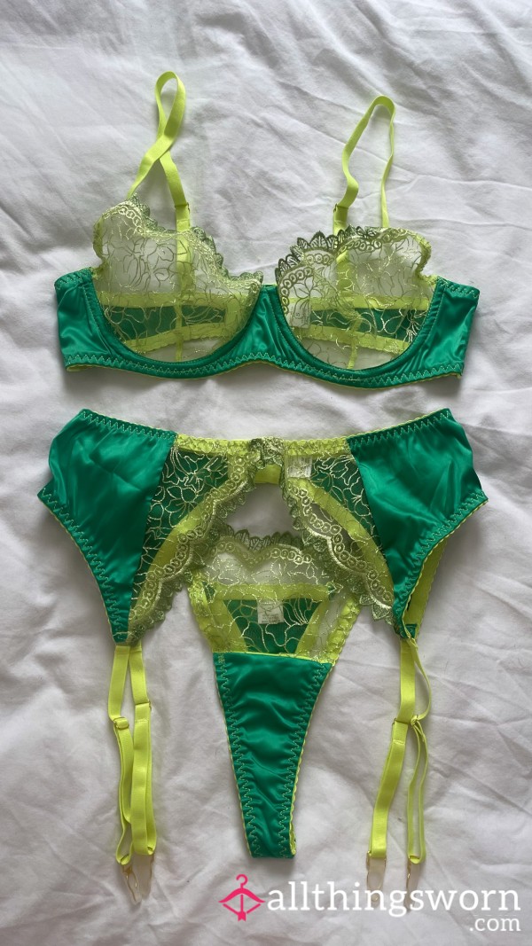 Emerald & Lime Green 3 Piece Lingerie Set