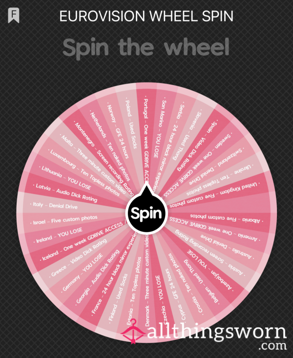 🎤 EUROVISION FETISH WHEEL SPIN — £15 PER SPIN 🎉 As The Eurovision Stage Lights Up Tonight, It’s Your Turn To Shine With A Wicked Twist!