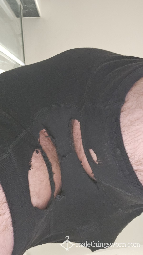 Extremely Well-worn Black Boxers With Holes In In-between Legs 😈👅