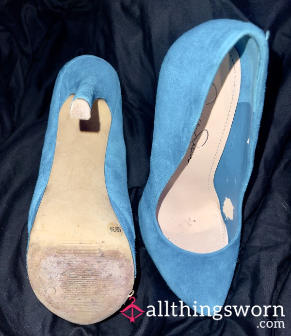 Extremely Well-worn Teal Suede Stiletto Heels