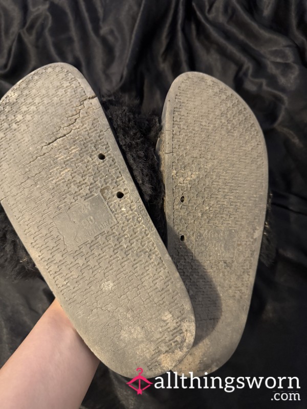 Extremely Worn Black Fuzzy Slides