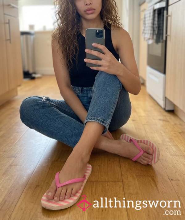 💗 Extremely Worn Pink And White Striped Flip Flops – Soft, Used, Perfectly Broken In