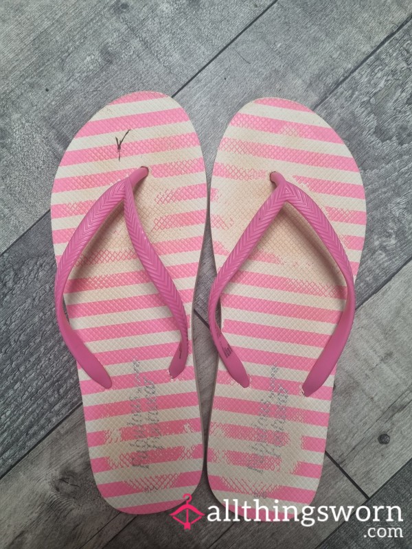 Extremely Worn Pink & White Striped Flip Flops – Soft, Used, Perfectly Broken In