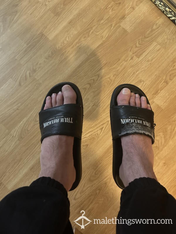 Extremely Worn True Religion Sliders