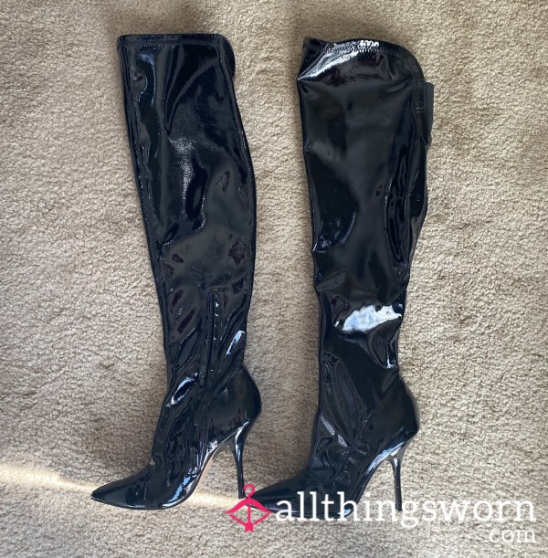Faux Latex Black Thigh High Boots Size 8. Worn For A Famous British Singer During Naughty Time