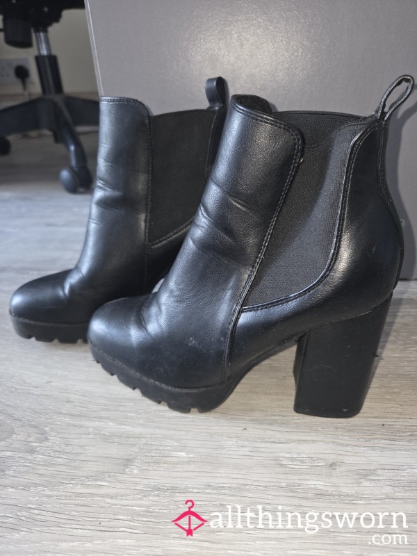 Faux Leather Black Chunky Heeled Boots