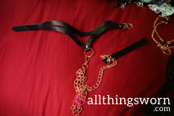 Faux Leather Collar And Leash With Rose Gold Tone Chain Used By Me