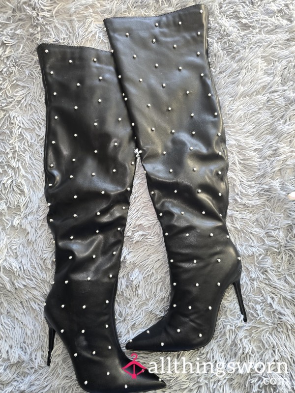 Faux Leather Metal Studded Boots Size 6