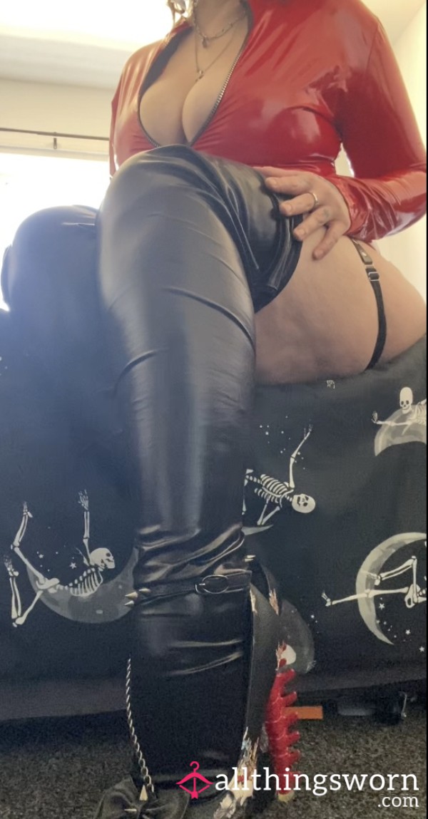 Faux Leather/pvc Stockings With Red Ribbon