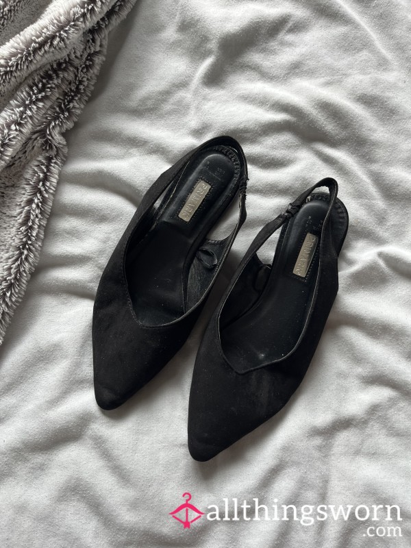 Faux Suede Black Pointy Sling Back Flat Shoes Flats